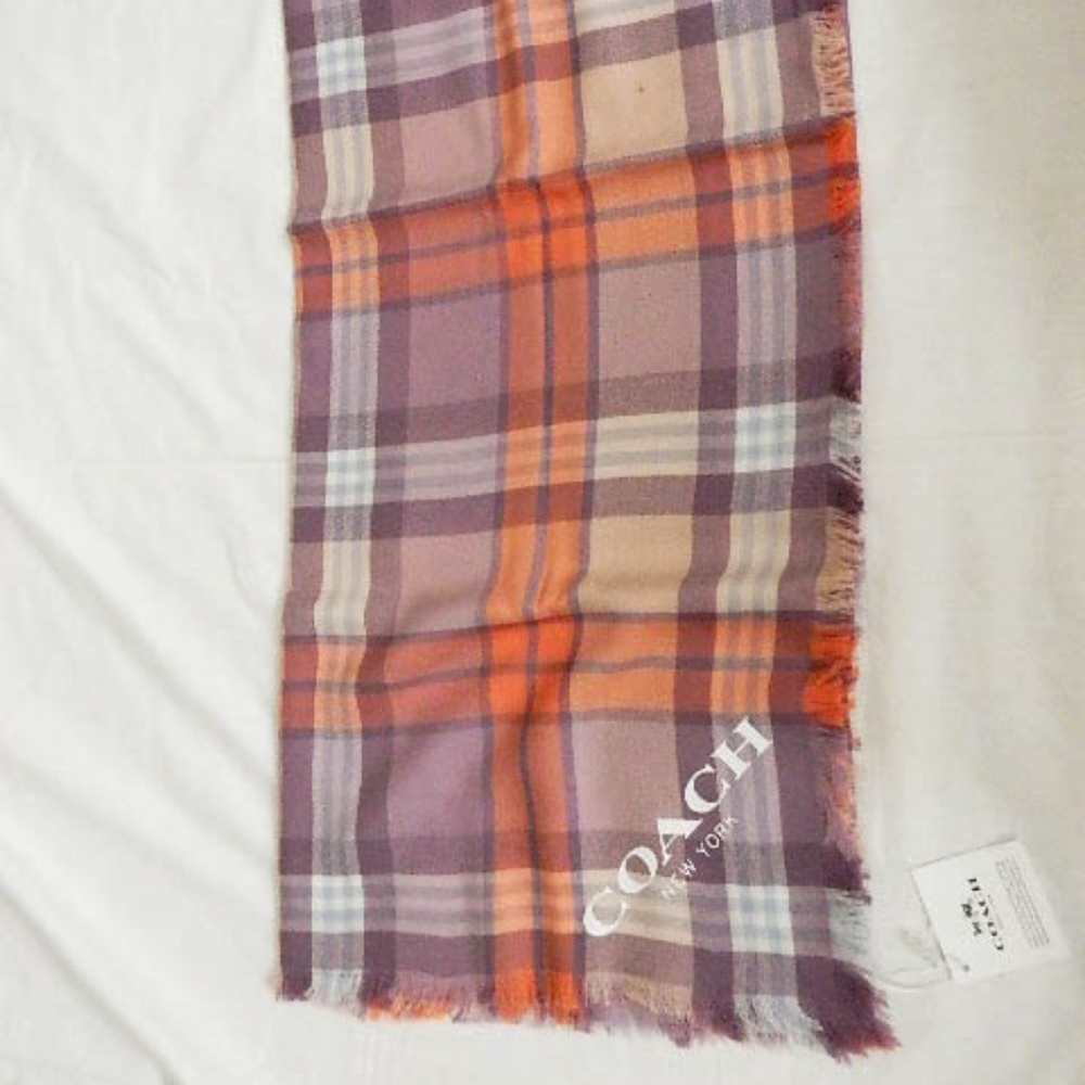 COACH Striped Plaid Scarf in Coral/Mauve
